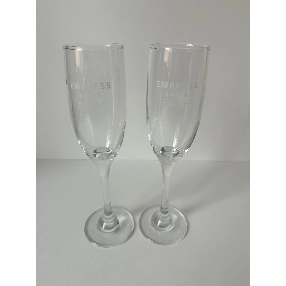 Empress 1908 Gin Champagne Flutes Set of 2 Clear With Logo Glass Barware Stemmed